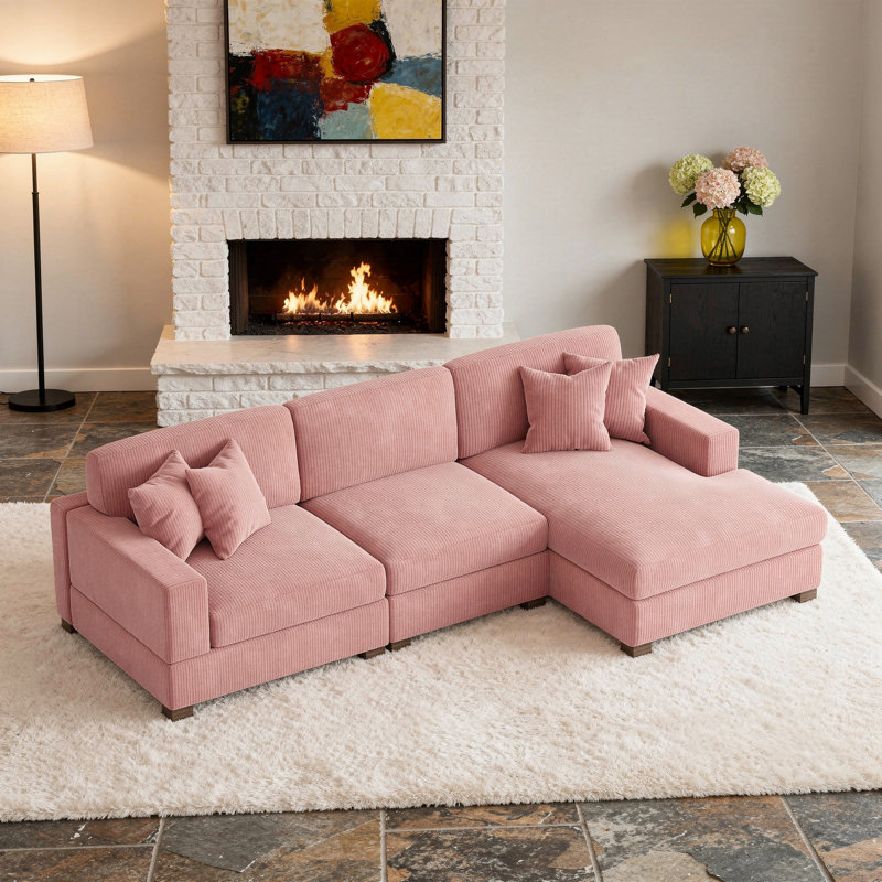 Canapé modulaire rembourré 3 pièces en velours côtelé, Orienté à droite, Velours côtelé rose