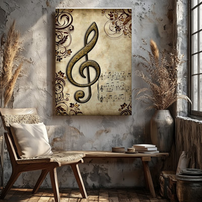 Toile sur fond de parchemin magnifiquement vieilli avec des motifs floraux tourbillonnants complexes en brun foncé et or avec une toile d'art murale