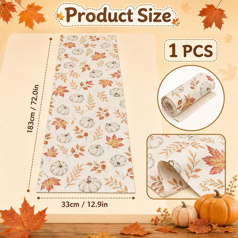 autumn table runner, halloween table runner | Pumpkin and Maple Leaf Design Autumnal Table Runner for Seasonal Home Decor