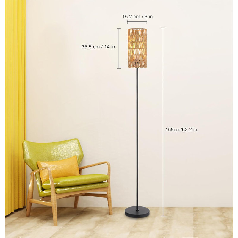 Farmhouse Rattan Floor Lamp With RGB LED Bulb, Remote Control, Handmade Shade, Sturdy Metal Base, E26 Socket For Living Room, Bedroom, Office