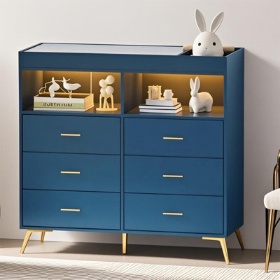 Baby Changing Table Dresser with Power Outlet & LED Light, 6-Drawer Nursery Organizer with Metal Feet