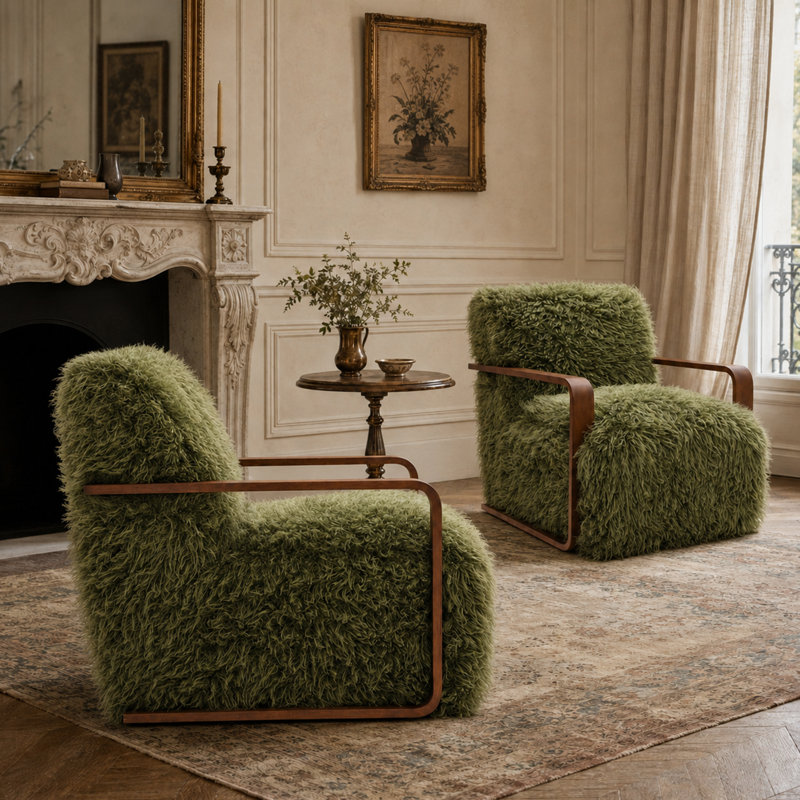 2-Pieces 28.3" Wide Faux Fur Accent Chair,Upholstered Lounge Chair With Curved Wooden Arms,Tight Back & Seat,Armchair For Living Room,Bedroom