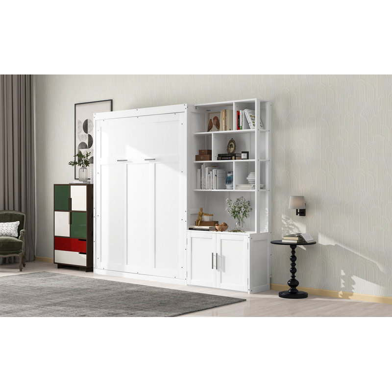  Full Murphy Wall Bed with Multiple Storage Shelves and Built-In Cabinet, White