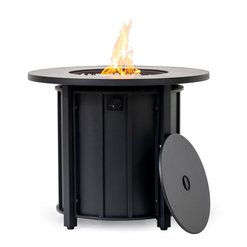 30" Round Propane Fire Pit Table With Wood Grain Ceramic Top - Steel Frame Outdoor Patio Heater, 50,000 BTU