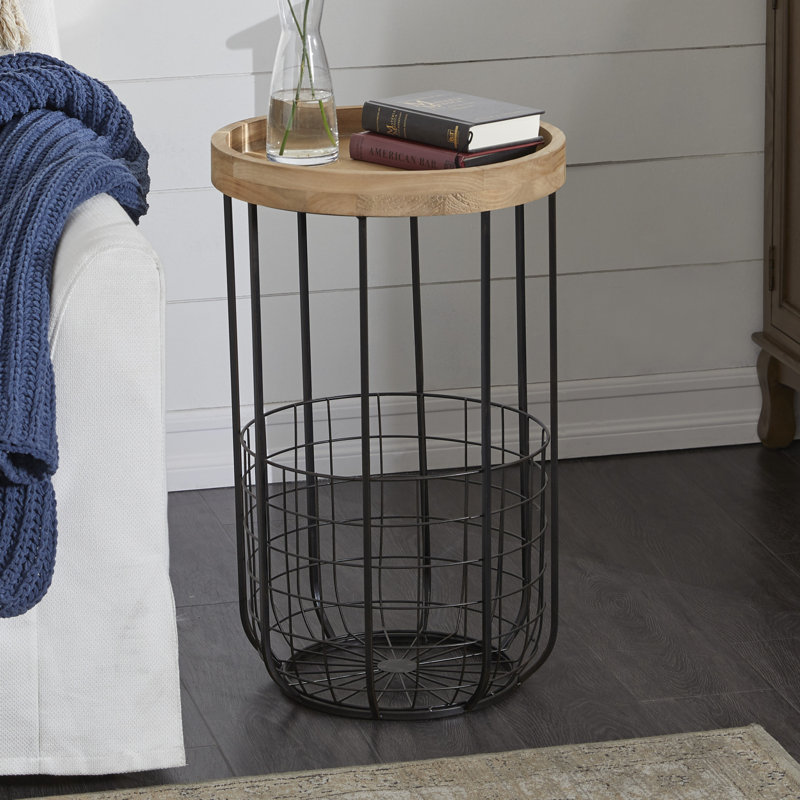 Scenic Metal Side End Black Accent Table with Brown Wood Top and Wire Basket Storage