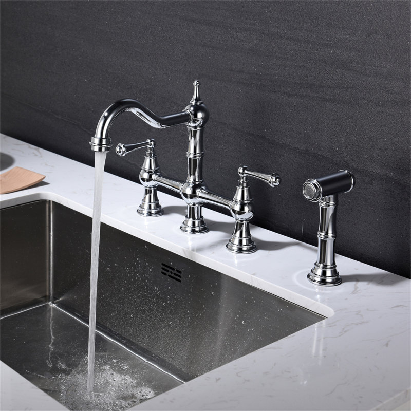 Bridge Dual Handles Kitchen Faucet With Pull-Out Side Spray In, Chrome