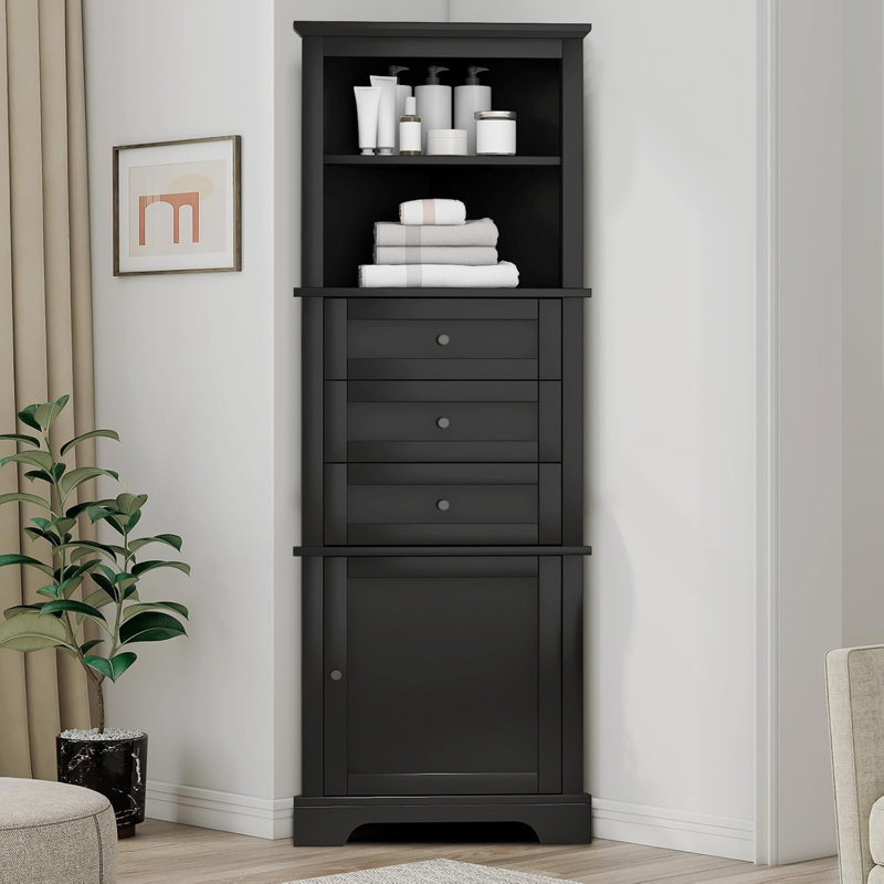 Petite armoire à linge de coin moderne autoportante avec tiroirs et portes, tablettes réglables pour salle de bain et salon