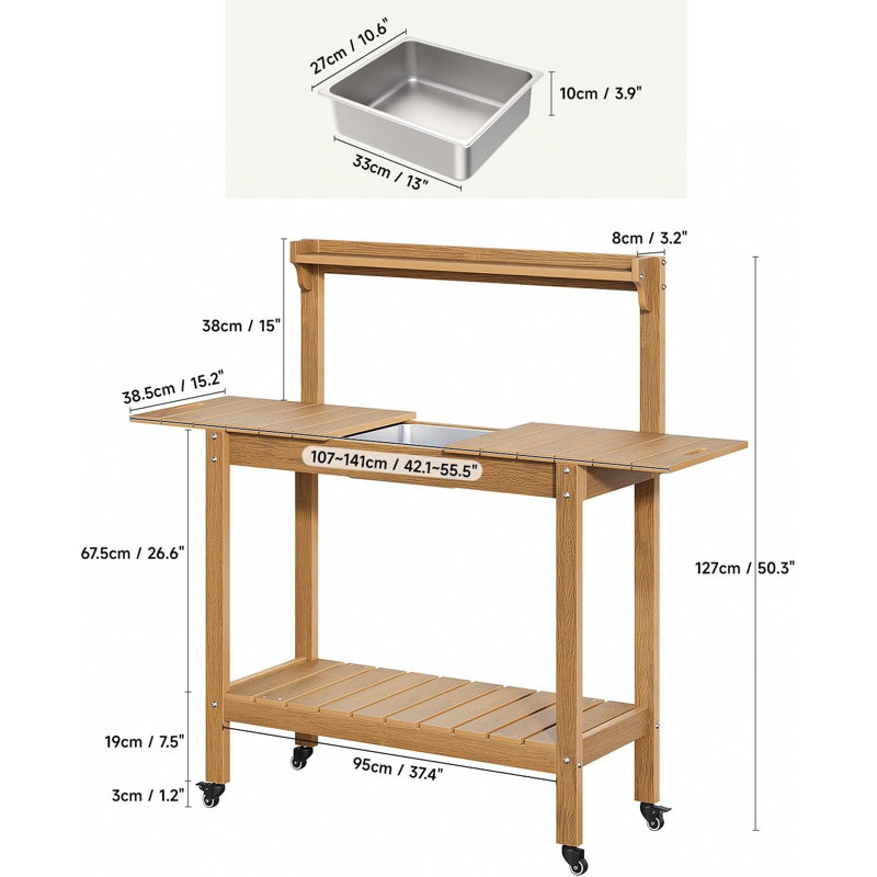 Banc de rempotage extérieur HDPS avec plateau coulissant / 4 roues / lavabo amovible