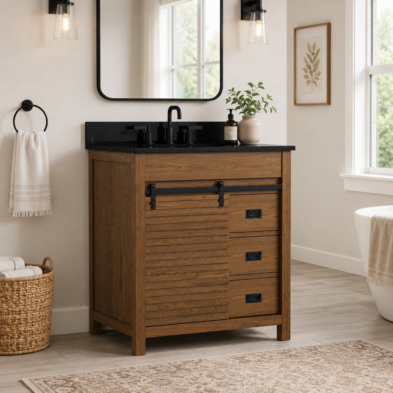 Aldiana 30'' Sliding Barn Door Freestanding Single Bathroom Vanity with Sintered Stone Top