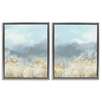 White Flower Field Mountains 2 PC Framed Floater Canvas Set by June Erica Vess