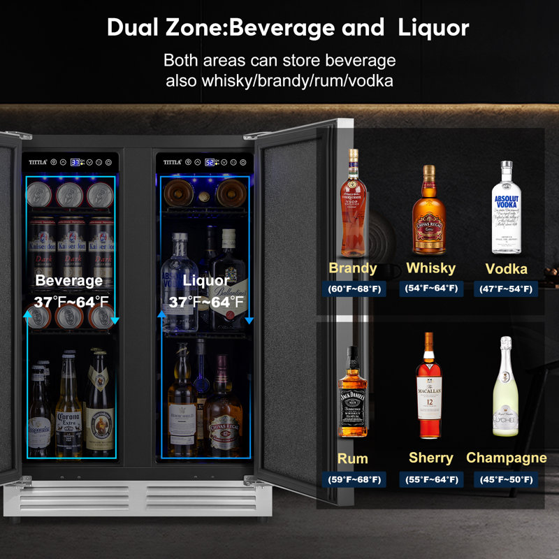 Tittla 24" Silver Beverage Refrigerator with French Doors 150-Can Capacity, Built-in or Freestanding Beer and Drink Cooler