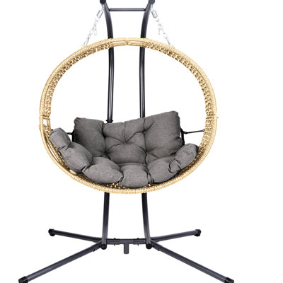 Fauteuil double suspendu pour 2 personnes avec support pour harmonie extérieure, fauteuil pivotant, canapé convertible semi-incliné, coussin toutes saisons, structure robuste de 700 lb, support gris et jaune, réglable
