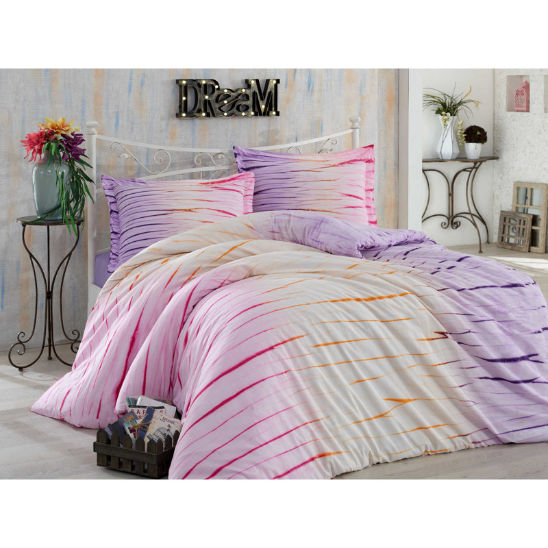 Ensemble de housse de couette 100% coton Abe / rose / jaune / mauve, Housse de couette double TG + 3 pièces supplémen