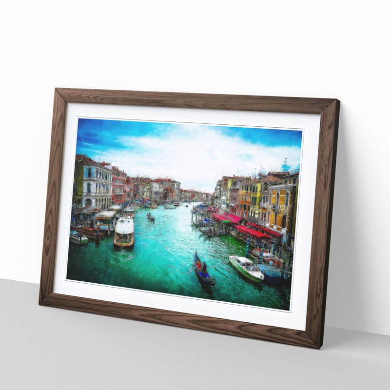 Gondolas in Venice Italy - Picture Frame Graphic Art Print, 33cm H x 45cm W x 2cm D, Walnut Framed