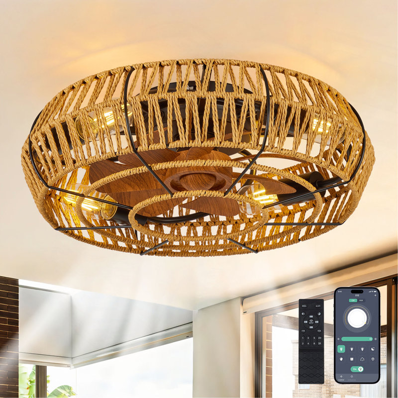 Ventilateurs de plafond en cage de 19 po avec lumières et télécommande, ventilateur de plafond encastré avec lumière Boho, ventilateur de plafond réversible sans lame à 6 vitesses avec 4 ampoules pour le salon.