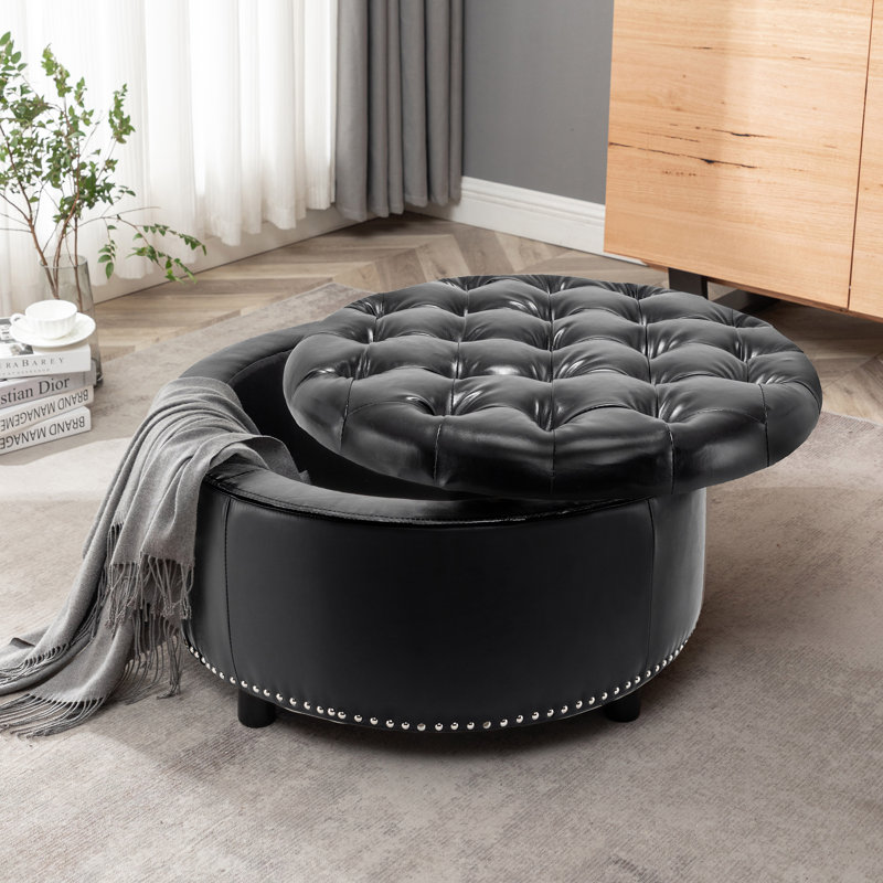 Repose-pieds rond en similicuir Kody, Similicuir noir