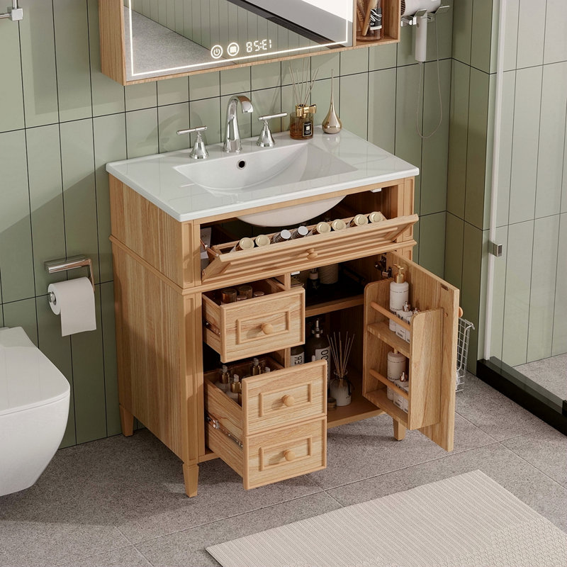Meuble-lavabo de 30 po avec lavabo, meuble-lavabo en bois avec tiroir rabattable, 2 tiroirs à fermeture en douceur, 1 porte à fermeture en douceur, bois massif et panneau de fibres à densité moyenne, poignées en bois élégantes