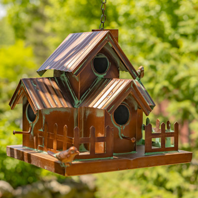 Set of 6 Assorted Hanging Antique Copper Metal Birdhouses "Home Tweet Home"