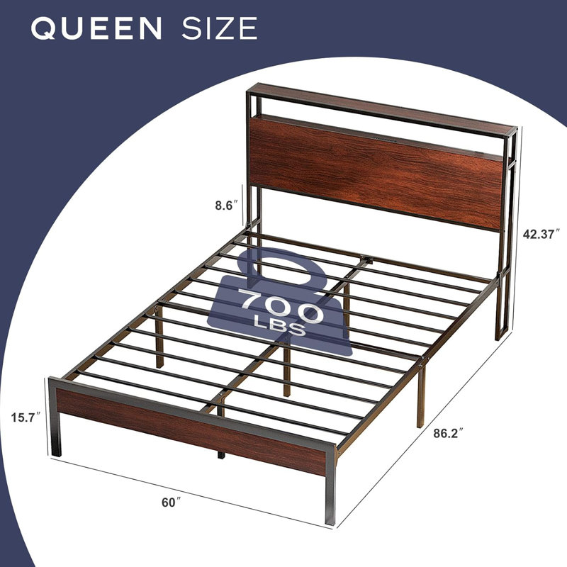 Structure de lit avec lumières DEL, structure de lit en métal avec station de charge, tête de lit à double couche de rangement, matelas à ressorts non requis, pieds de support robustes, couleur acajou