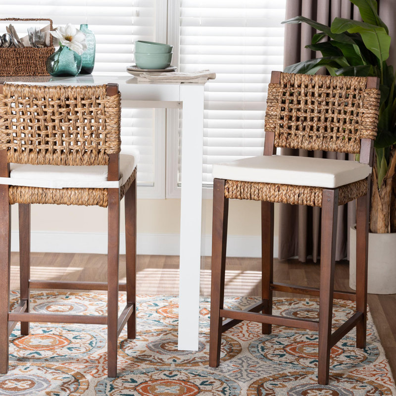 Bali & Pari Alise Handwoven Seagrass Bar Stool With Mahogany Wood Frame – Bar-Height Chair With Woven Back And Seat