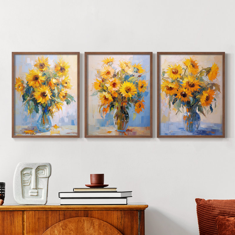 Étude florale CLVII -Set de 3 estampes giclées encadrées -Prêt à, Cadre noyer, H 20 po x l 16 po