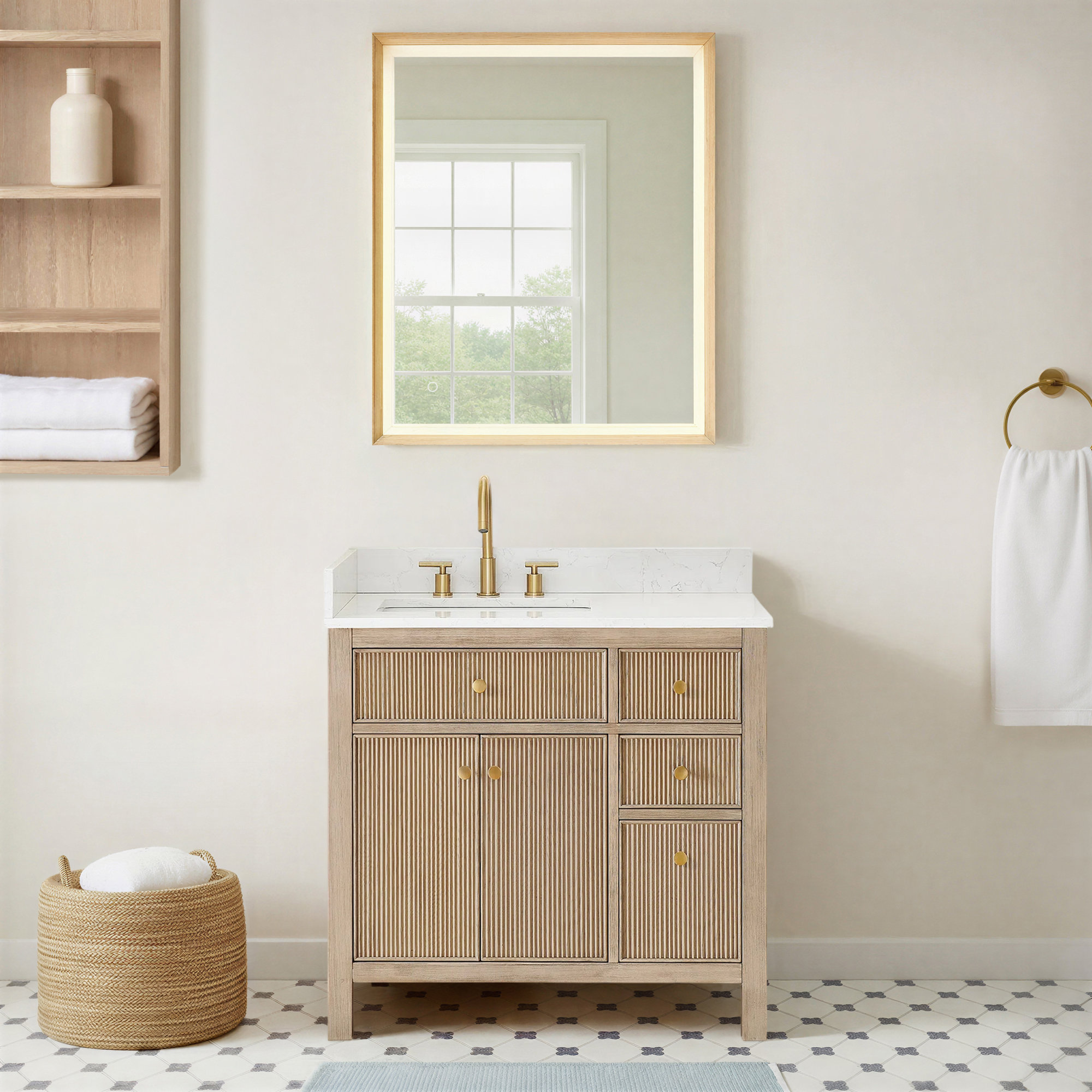 Lala 36" Single Bathroom Vanity with Grain White Engineered Stone Countertop with Mirror, Natural Oak