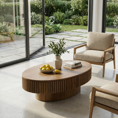 Modern Oval Coffee Table with Concealed Storage Compartment and Fluted Mushroom Design for Living Room and Office Use
