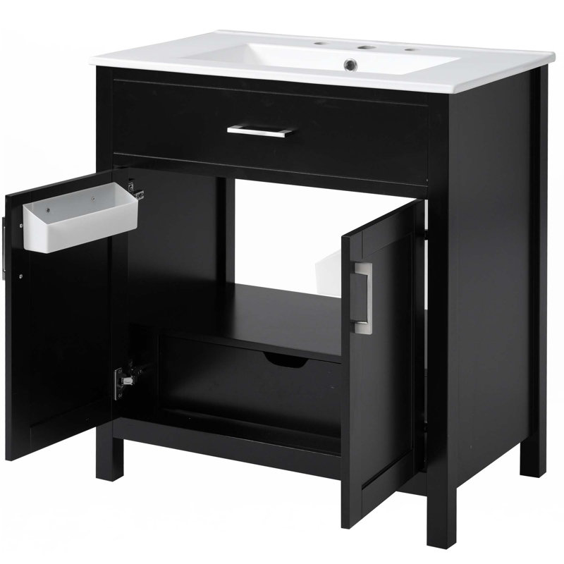 Meuble-lavabo de 30 pouces avec lavabo en céramique et beaucoup de rangement, Noir, noir, noir, noir