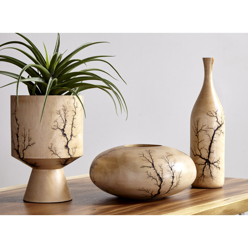 Contemporary Brown 13" Mango Wood Lightning Table Vase