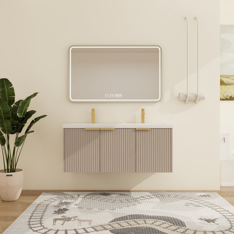Meuble-lavabo double mural 48 po avec plateau en résine Farnor, Kaki, 48"