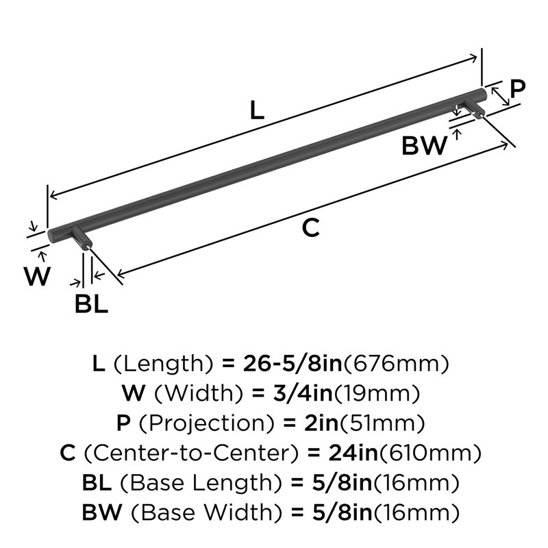 Poignée barre 24 po (610 mm) centre-à-centre noir mat, Poignée d'électroménager 24 po, Noir mat, 1