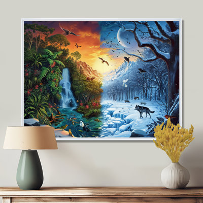 Art équinoxe, cascade printanière, hiver, neige, loup - rivière, art mural
