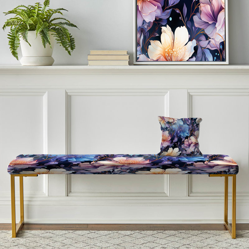 Mystérieux Aura - Motif floral bleu et mauve - Banc floral rembourré or