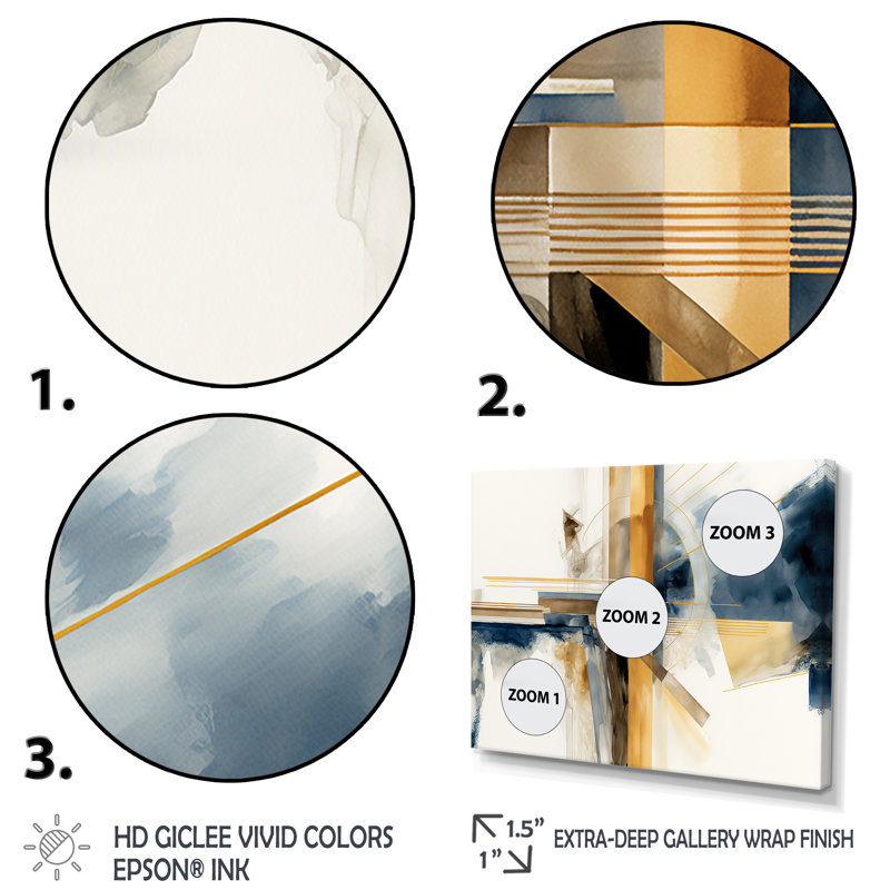 Abstrait moderne bleu et or IV - impressions abstraites sur toile transitionnelle, Toile tendue, H 24 po x l 32 po x P 1 po