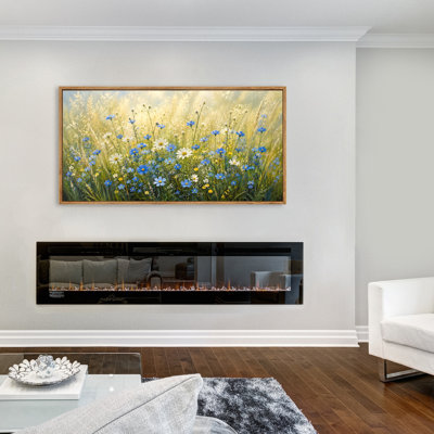 Framed Blue and White Wildflower Meadow Canvas Wall Art, Large Horizontal Nature Artwork for Living Room 60"W x 30"H