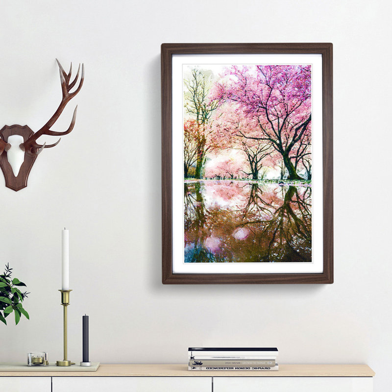 Reflection of the Pink Blossom Trees - Picture Frame Painting Print, 36cm H x 27cm W x 2cm D, Walnut Framed