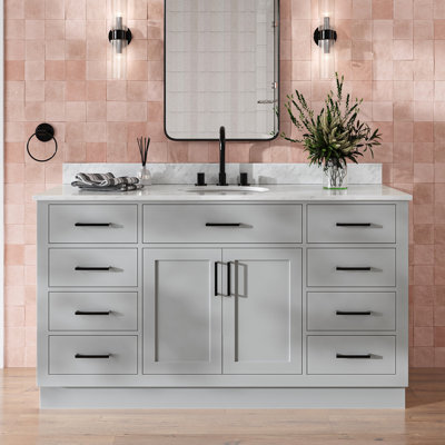 Meuble-lavabo simple en bois massif 60 po avec lavabo en marbre de Carrare 0,75 po Jameal