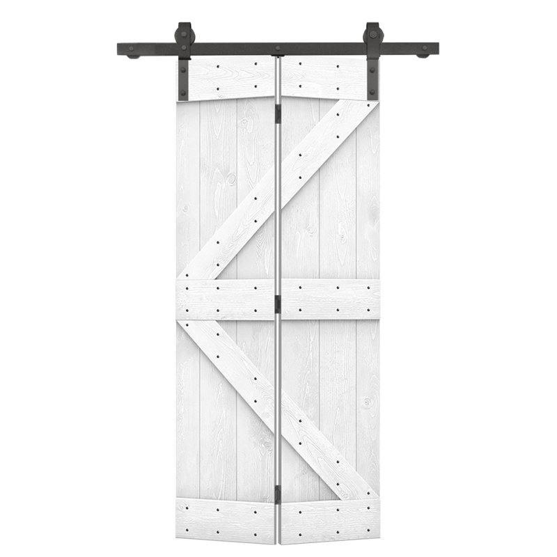 Porte de grange en bois pré-assemblée et pliante en deux parties avec quincaillerie coulissante, 32 po x 84 po, Blanc