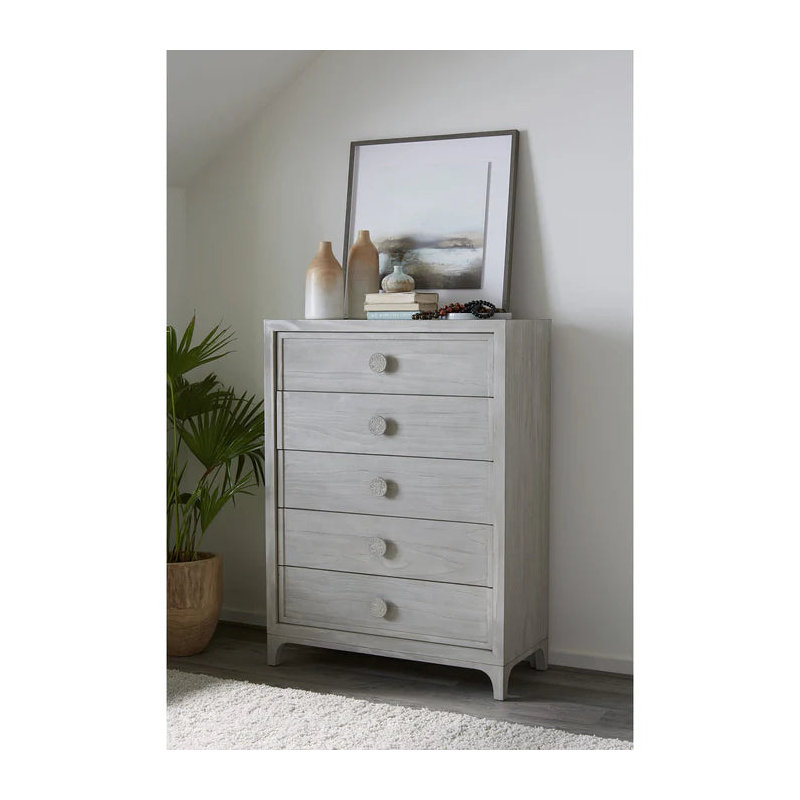 Commode 5 tiroirs Boho Chic en blanc délavé (2024)