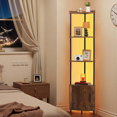 66.1" H x 12" W 5 Tier Corner Shelf Tall Corner Stand with LED Light & Doors Narrow Rack
