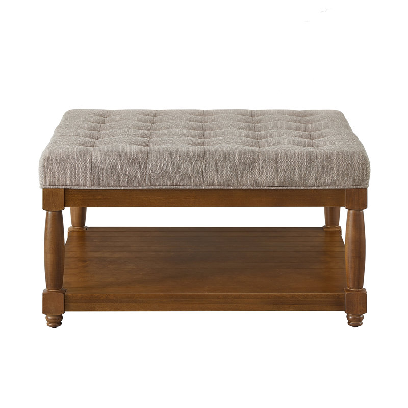 Large Square Upholstered Tufted Linen Ottoman Coffee Table, Large Footrest Ottoman With Solid Wood Shelf- Linen, Linen
