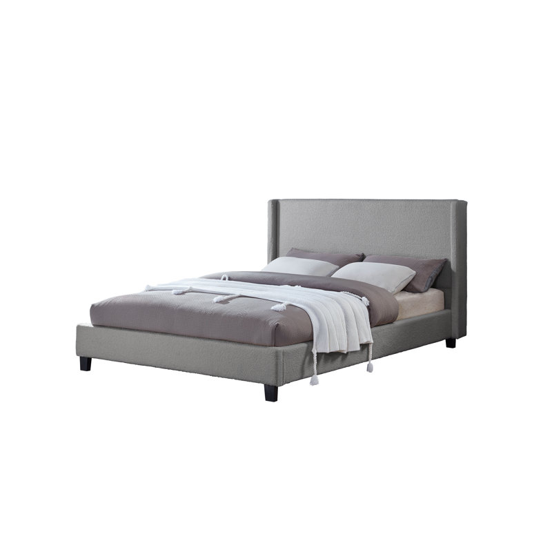 Modern Bouclé Upholstered Platform Bed with Wingback Headboard, No Box Spring Required, Contemporary Fabric Bed Frame Grey, Queen