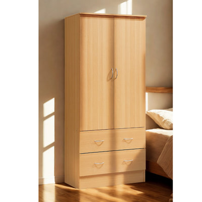 2-Door Wardrobe with Hanging Rod, 2-Drawers, Freestanding Clothing Storage Bedroom Closet by L