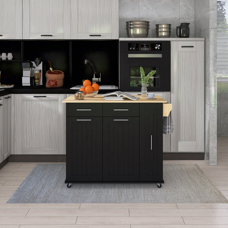 Chariot de cuisine en bois d'hévéa pour comptoir à feuilles tombantes 46 "avec support de rangement interne et porte-serviettes