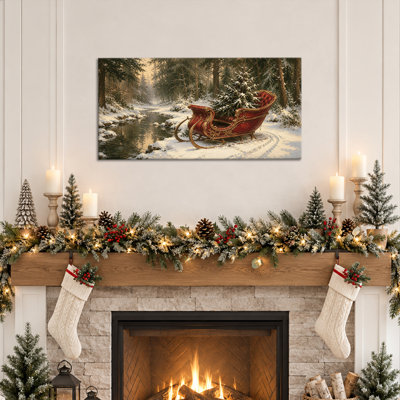 Décoration murale de Noël, Toile murale de Noël avec traîneau et sapin, Scène d'hiver, Toile classique montée sur châssis pour salon, chambre, entrée, Décoration murale de Noël, Œuvre d'art de Noël 30 x 60 cm