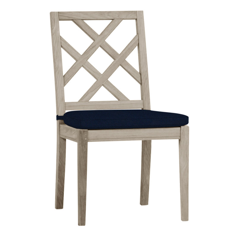 Haley Patio Dining Side Chair with Cushions, Oyster Teak, Indigo Velvet, Welt