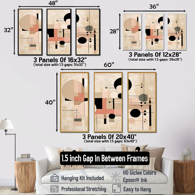 Cubisme beige et rose Synergy I - ensemble de décorations murales abstraites, Cadre flottant noir, H 32 po x l 48 po x P 1 po