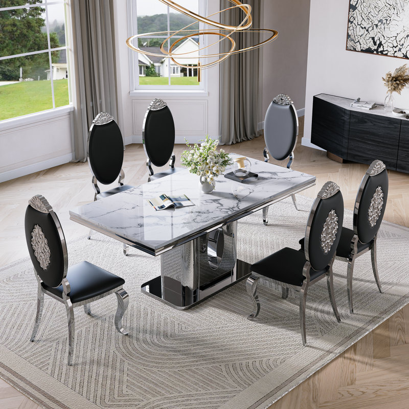 Faux Marble Top Pedestal Dining Set, Black/Silver, White/Silver, 7 Pieces: Table, 6 Chairs