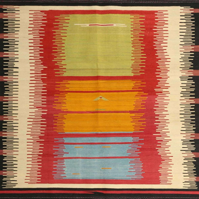 Tapis de zone rouge/bleu/vert contemporaine, Carré 4 pi