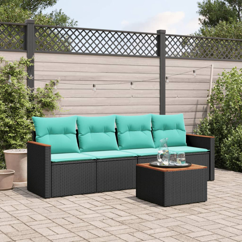 Ensemble de canapé de patio 5 pièces avec coussins en rotin de polyester, Bleu clair, Noir